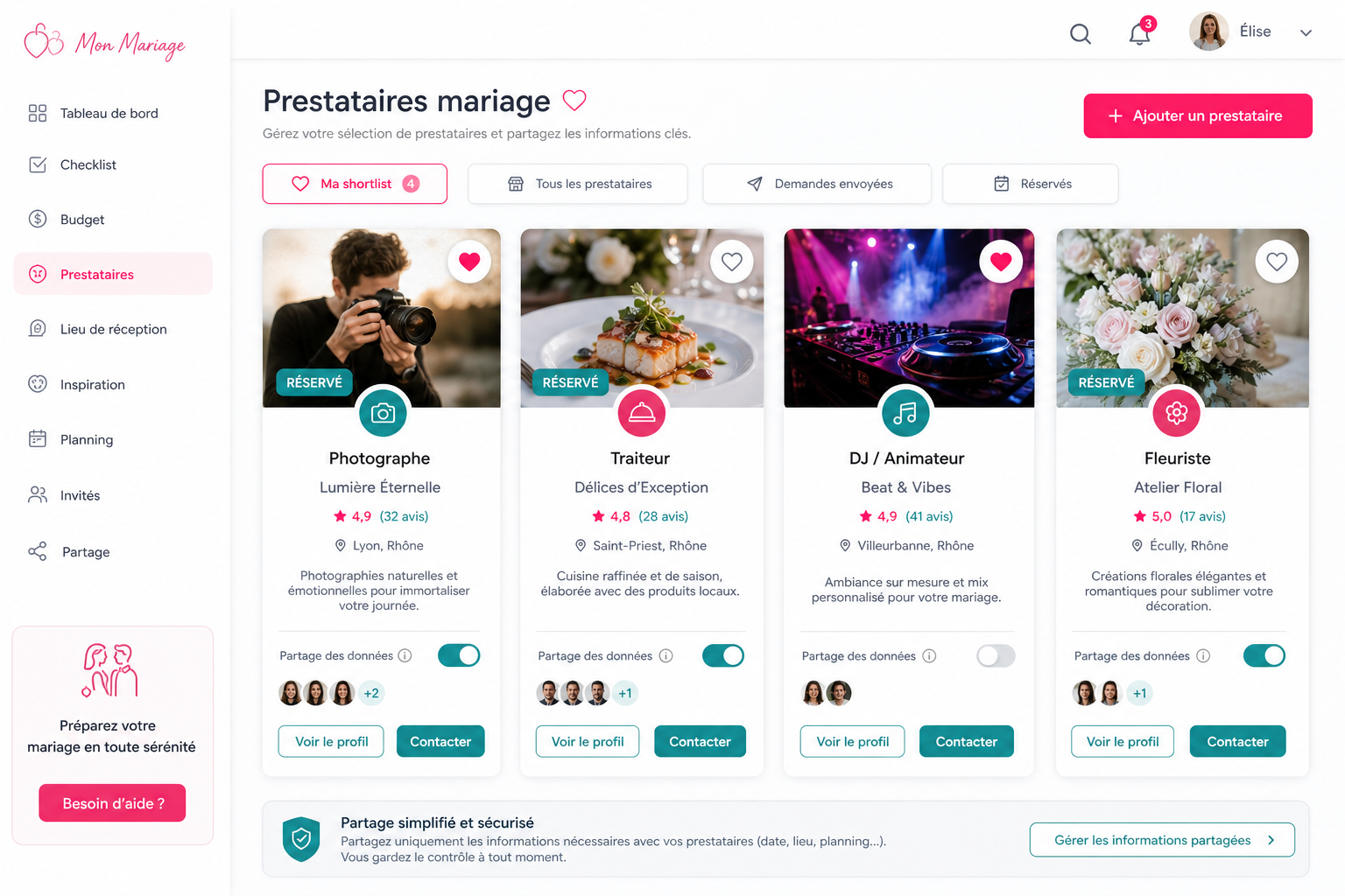 Gérez vos prestataires de mariage